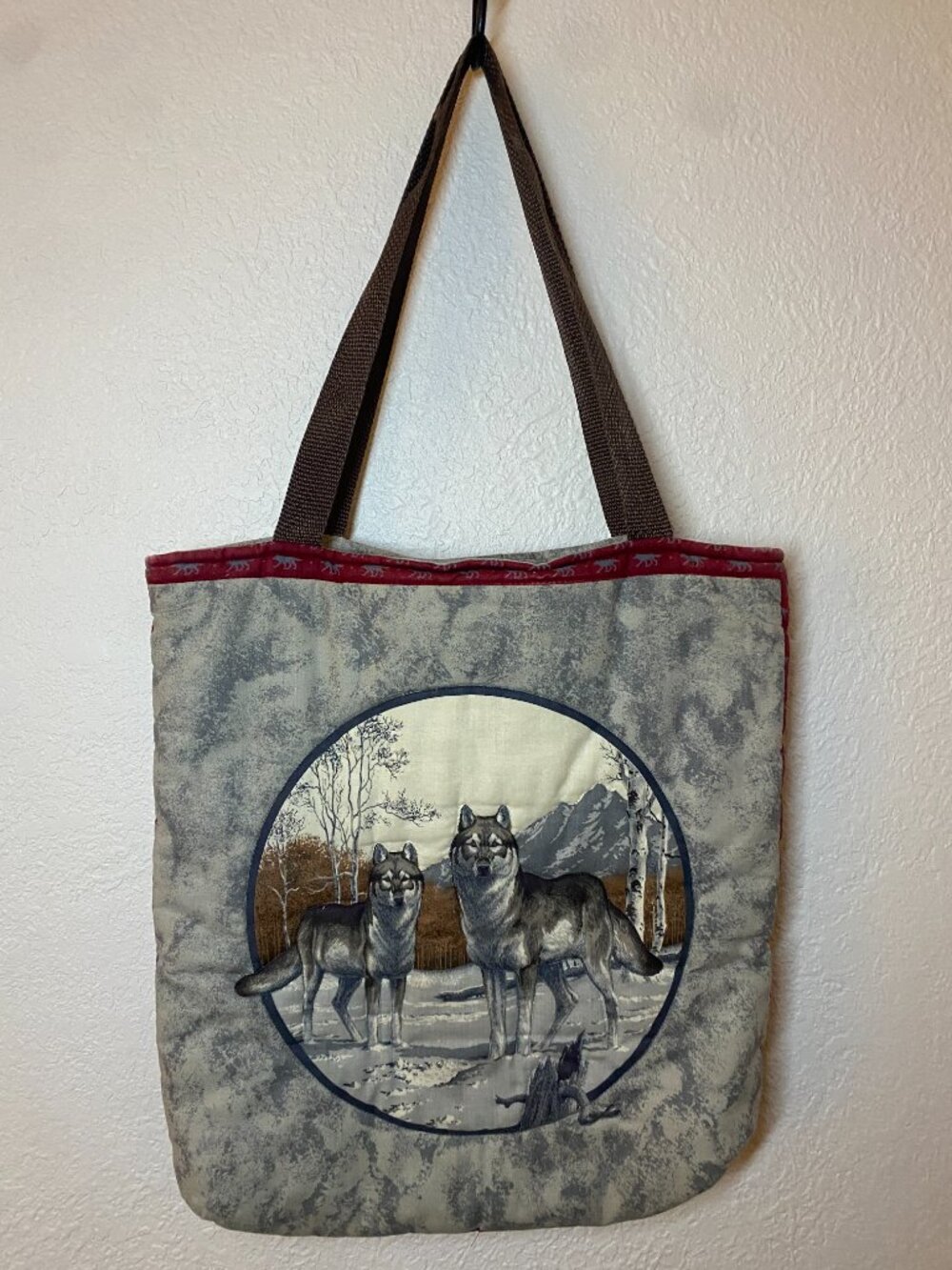 Handmade Quilted Tote Bag Reversible Wolf & Grizzly Bear Wildlife Print Zip